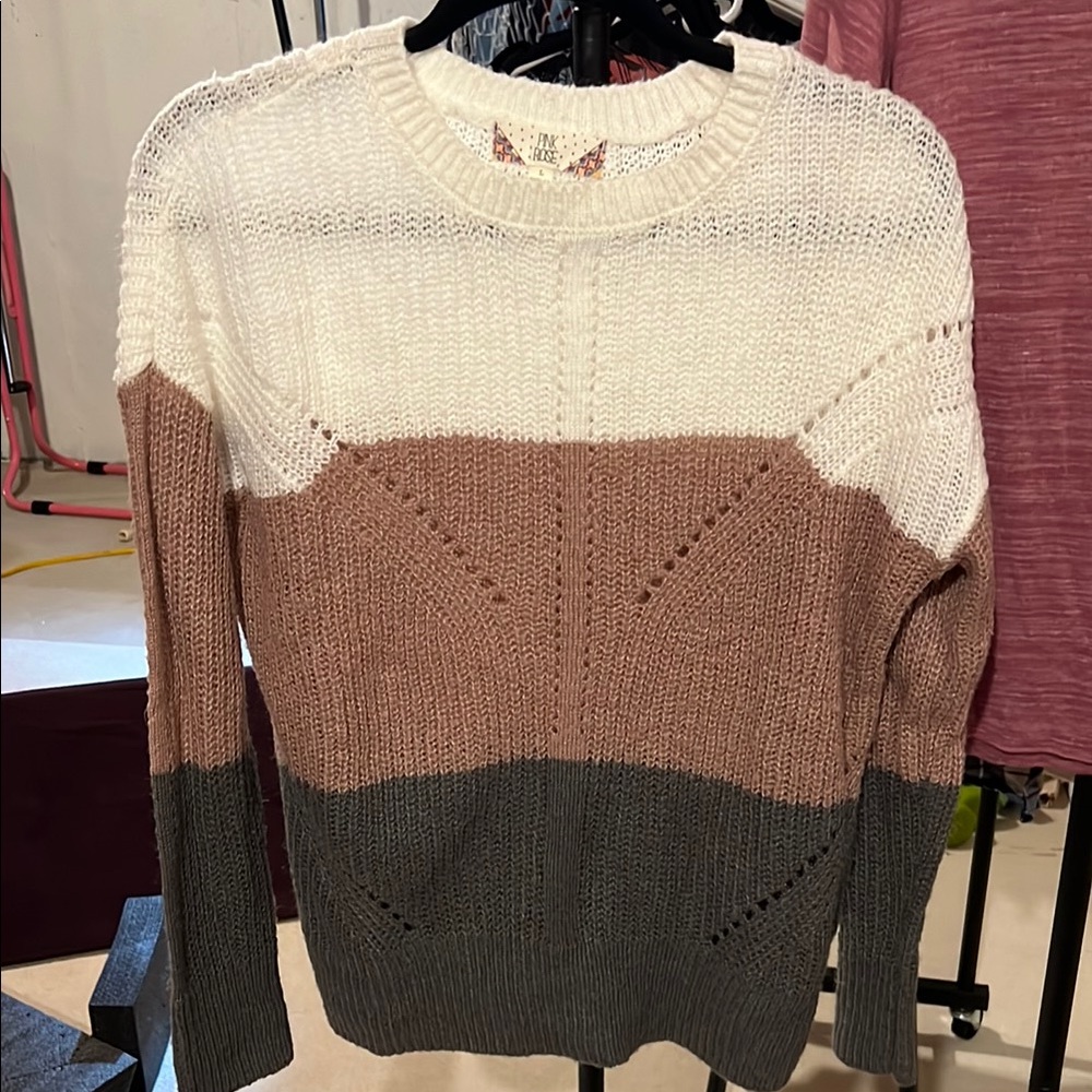 Pink Rose Cream and Brown Crew Neck Sweater